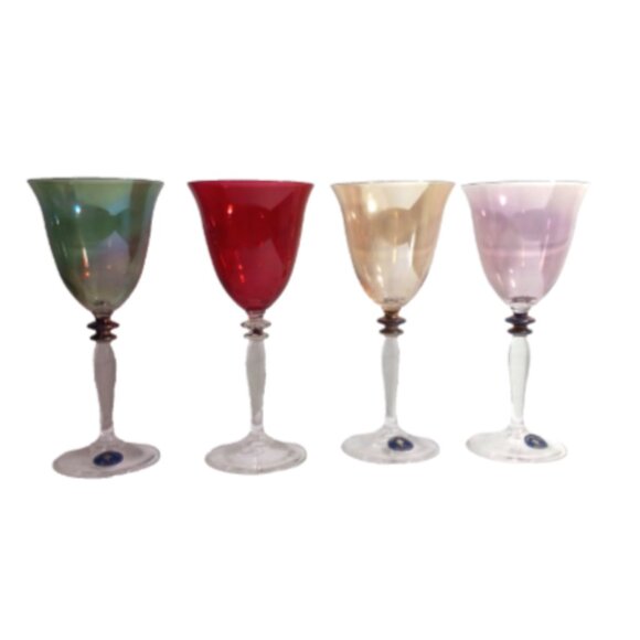 Cristalleria Fumo Wine Glasses Set of 4 Italy Crystal Red Green Amber Lilac IOB - Picture 1 of 9
